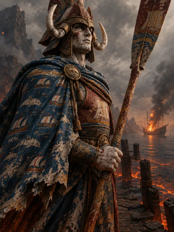 The Harbour Admiral, kapten fresko berhelm taring babi hutan dengan dayung panjang.