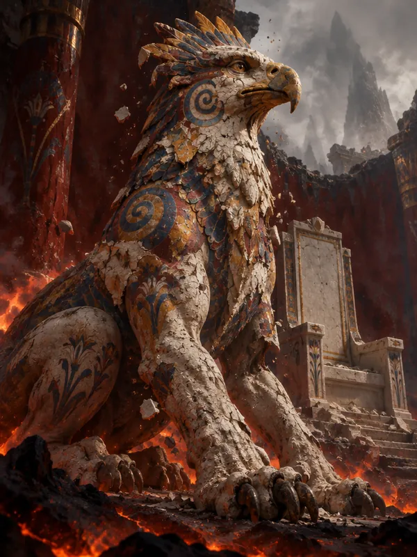 The Griffin of the Throne Wing, griffin berplester berpola spiral, merunduk di depan takhta kosong.