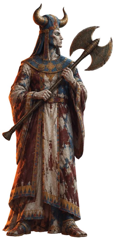 The Horned Steward, tokoh fresko berplester retak dengan hiasan tanduk banteng, memegang labrys perunggu, melangkah keluar dari lukisannya.