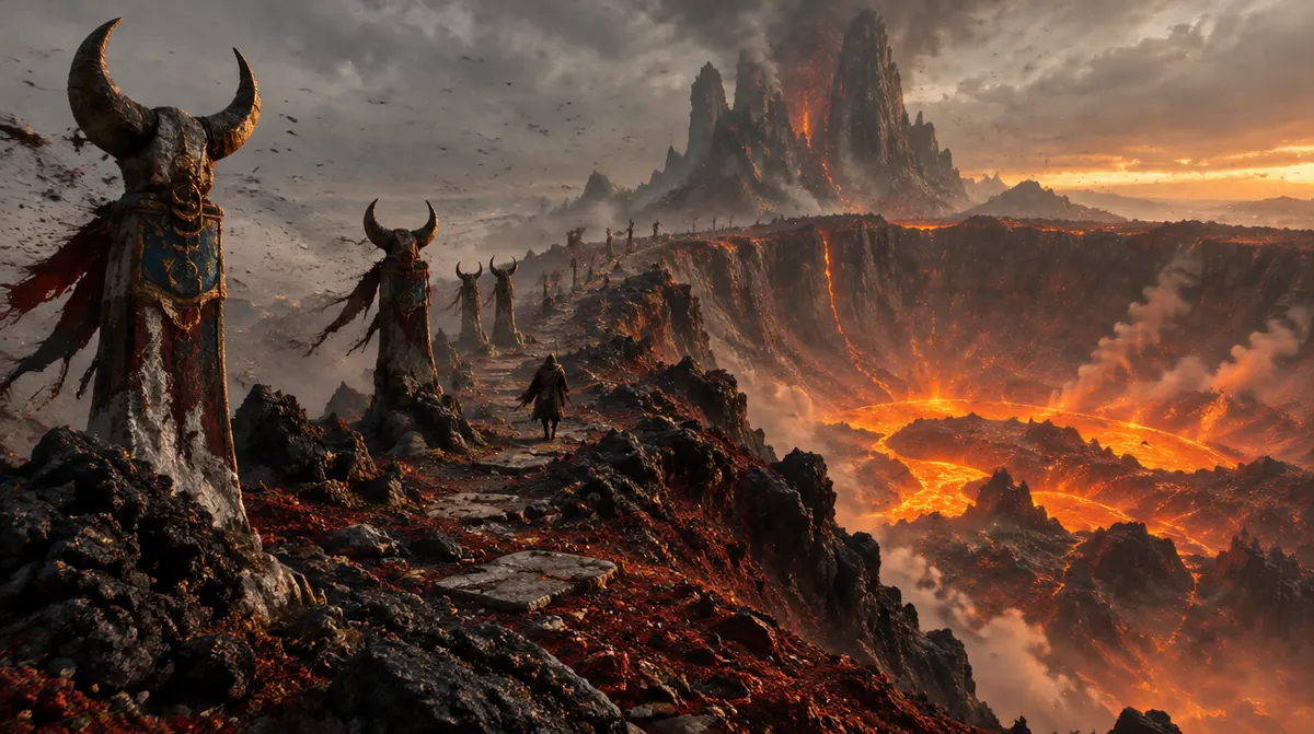 The Caldera Rim: punggung kawah berbatu hitam dengan danau lava dan penanda bertanduk.