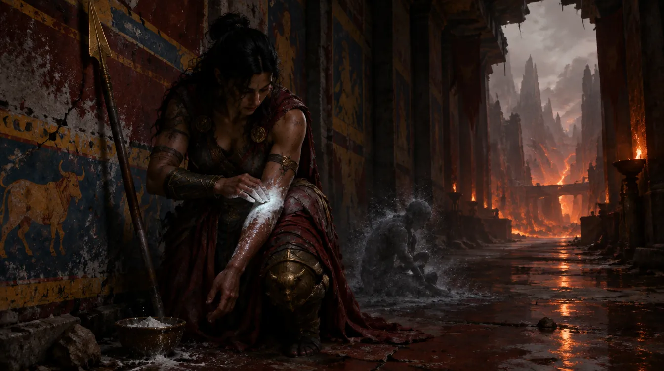 Gameplay: Thessaly berlutut di lorong, menempelkan plester basah di lengan. Bayangan abu memudar di belakangnya.