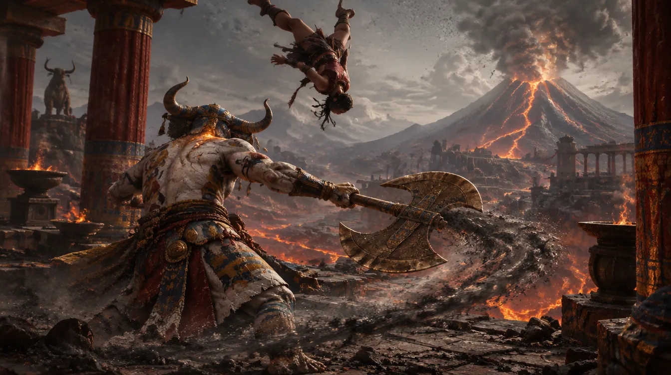 Gameplay: Thessaly melompat terbalik di atas sapuan labrys Fresco Lord bertanduk di teras istana.